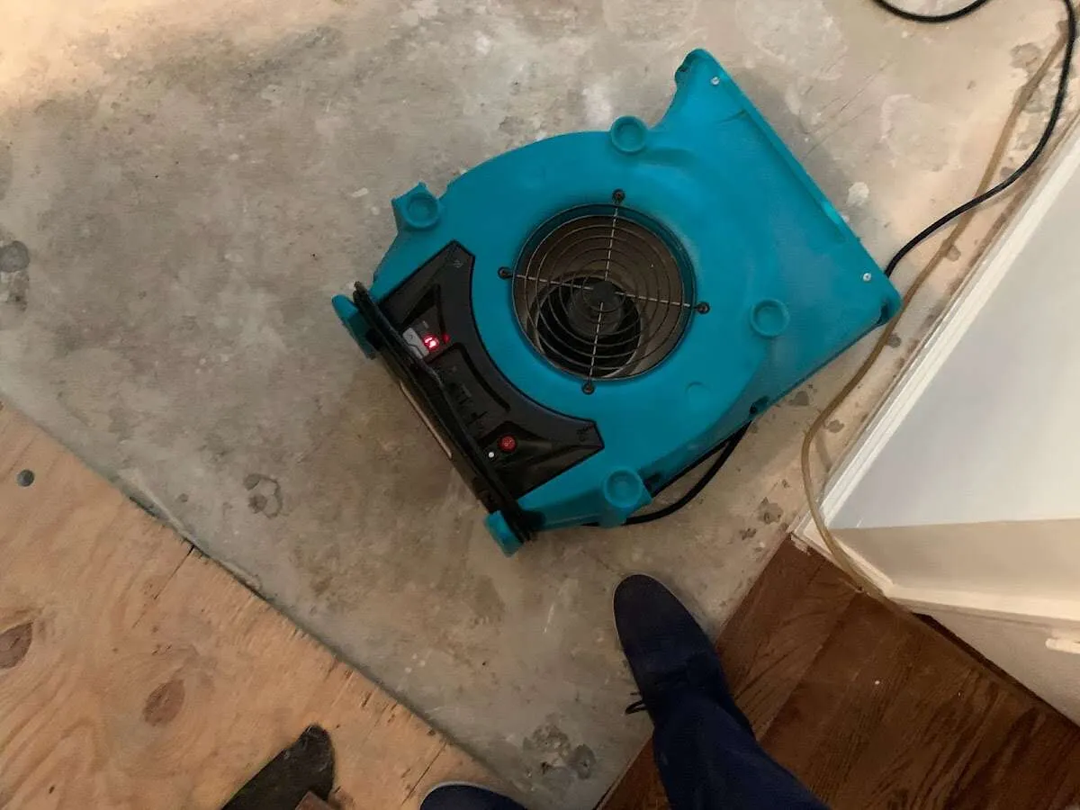 Air mover drying subfloor during Leak Detection & Repair in Powdersville